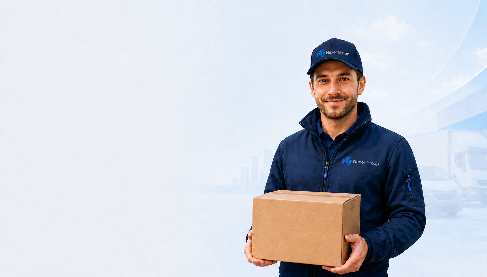 Visuel d’illustration Nexor Group : un livreur en tenue bleue tenant un colis